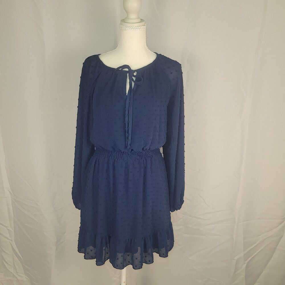 Altar'd State Navy Blue Swiss Dot Long Sleeve Chiffon Ruffle Mini Dress Size S